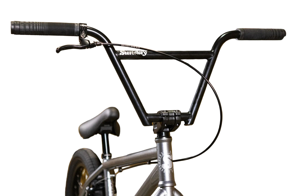 Close-up of a BMX bicycle handlebar and frame, featuring black grips and a silver metallic frame, set against a yellow background with 'Sunday' text.