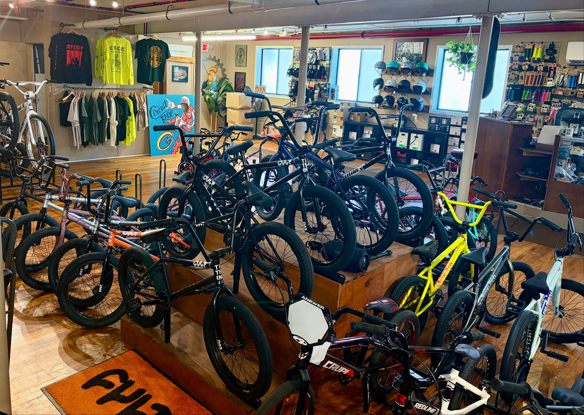 Circuit BMX shop in Johnston RI inside the store showing bikes, helmets, grips, clothing and other bmx related products
